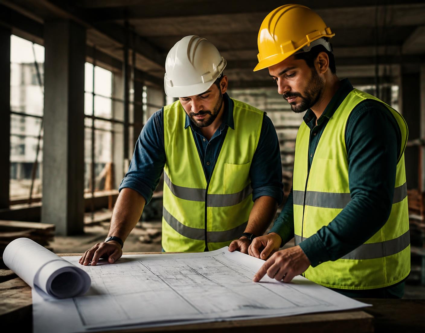 Engenheiros analisando projeto executivo em canteiro de obras